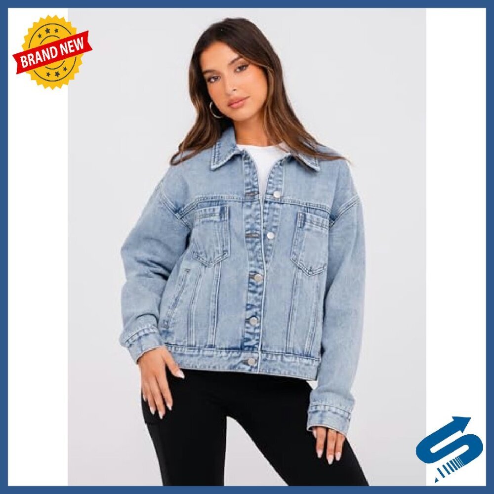 Oversized Denim Jacket Women's Heavyweight Button Down Fall Coat - Picture 3 of 8